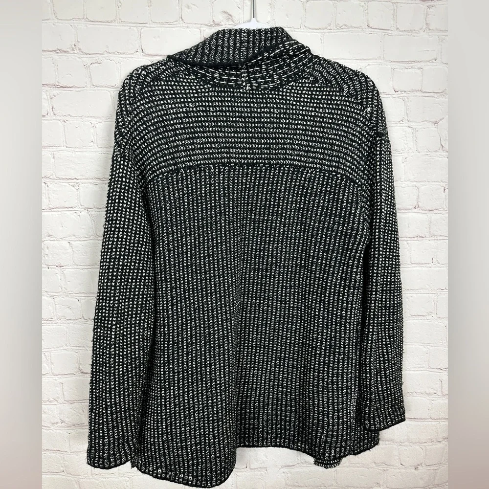 J. Jill WOOL Blend black white‎ Open WIDE SHAWL COLLAR Cardigan sweater sz M GUC